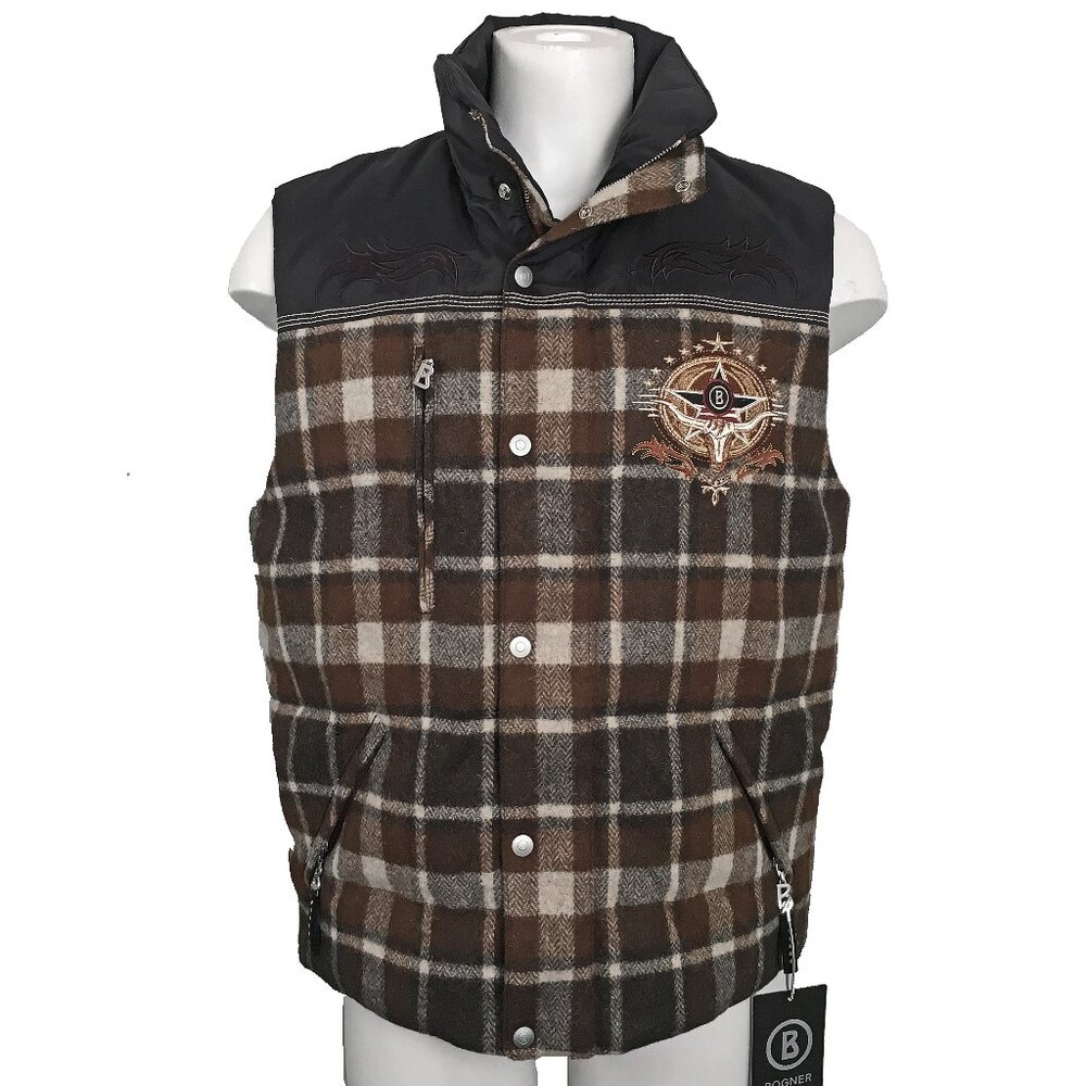 NEW Bogner Buffalo Ski Vest! US 38 e 48 Medium Plaid With Huge Western Graphics